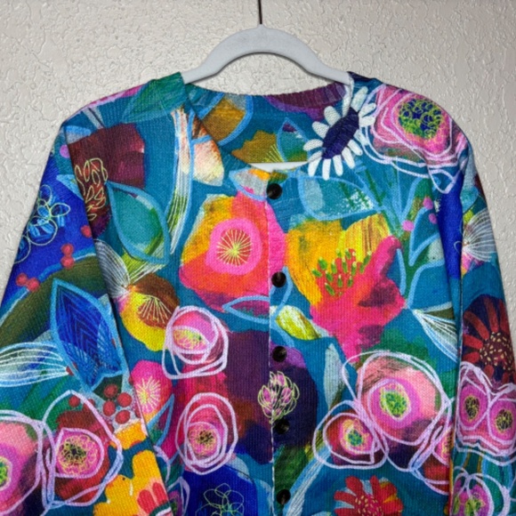 Blue Pink Art To Wear Vibrant Floral Cardigan Sweater Women's Size Large - Picture 3 of 12